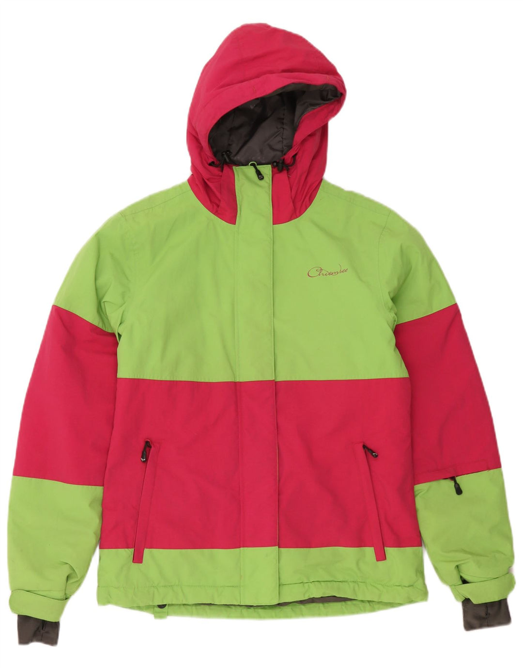 Jaqueta de esqui feminina com capuz Chiemsee UK 10 poliamida colorblock verde pequena