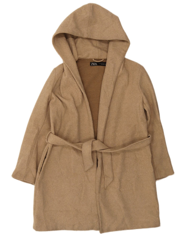 Sobretudo feminino com capuz solto Zara UK 14 poliéster bege médio