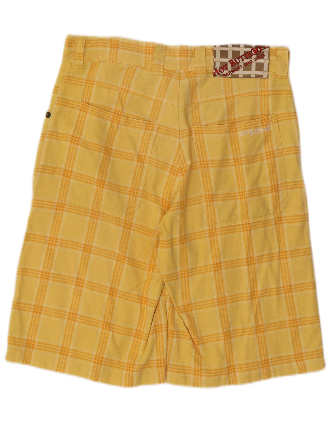 Shorts casuais femininos vintage W28 algodão xadrez amarelo médio
