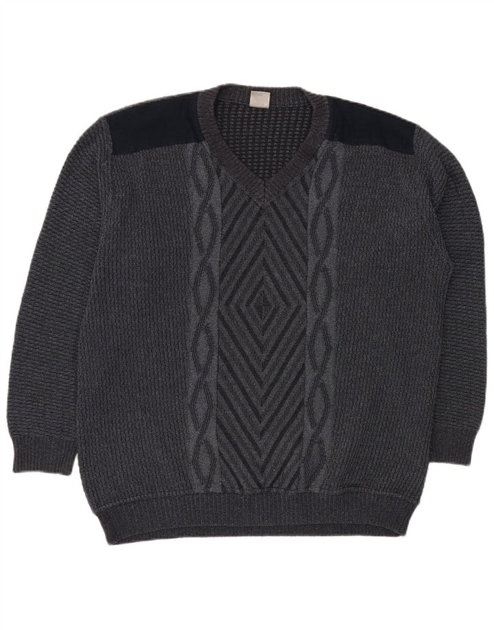 Suéter masculino VINTAGE com decote em V IT 50 cinza médio geométrico