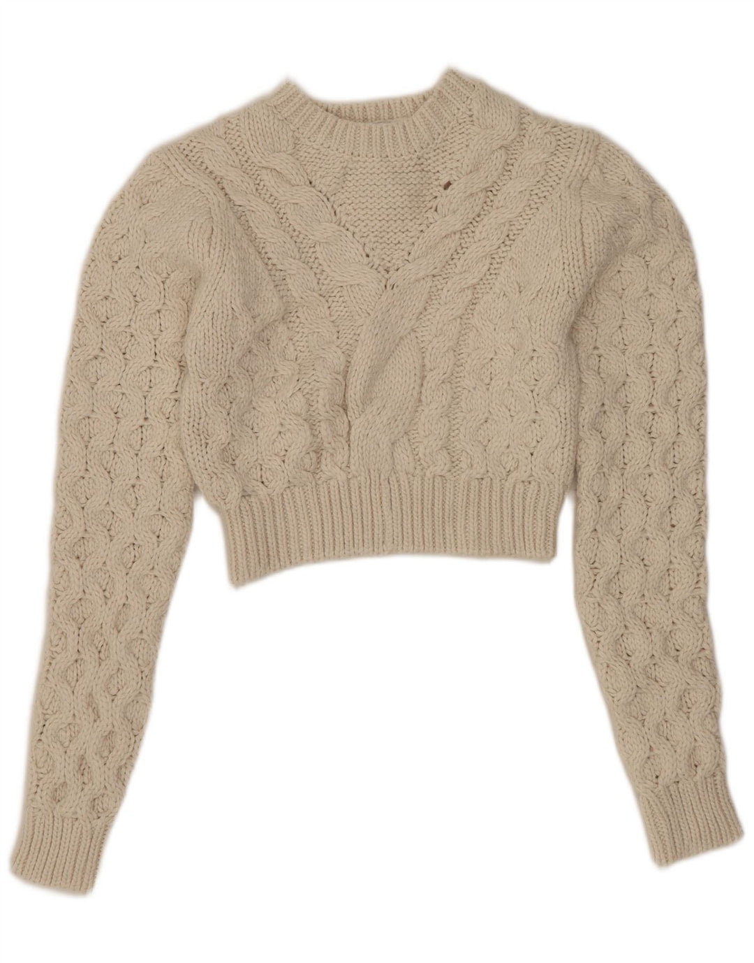 Zara Suéter feminino cropped com gola redonda Reino Unido 10 pequeno poliéster branco
