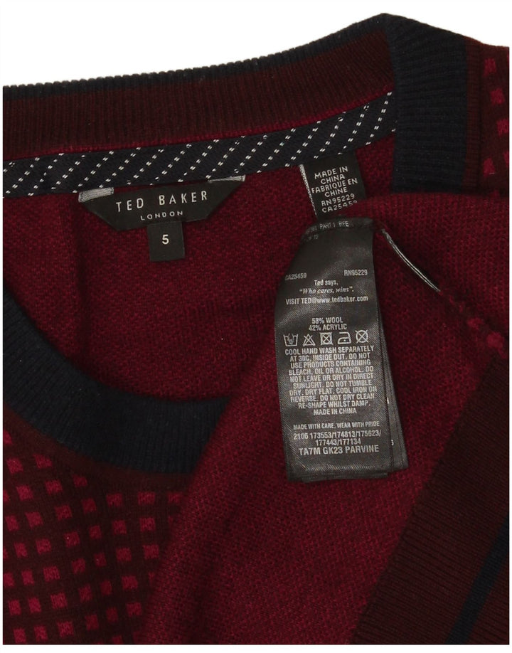Suéter masculino Ted Baker com gola redonda tamanho 5 XL lã xadrez borgonha
