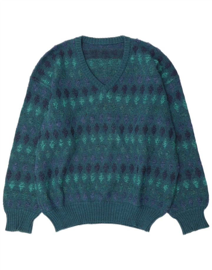 Suéter masculino vintage com decote em V IT 54 XL azul Fair Isle lã