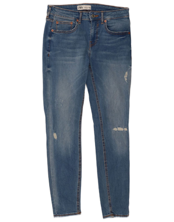Zara Jeans skinny feminino desgastado UE 38 pequeno W28 L27 algodão azul