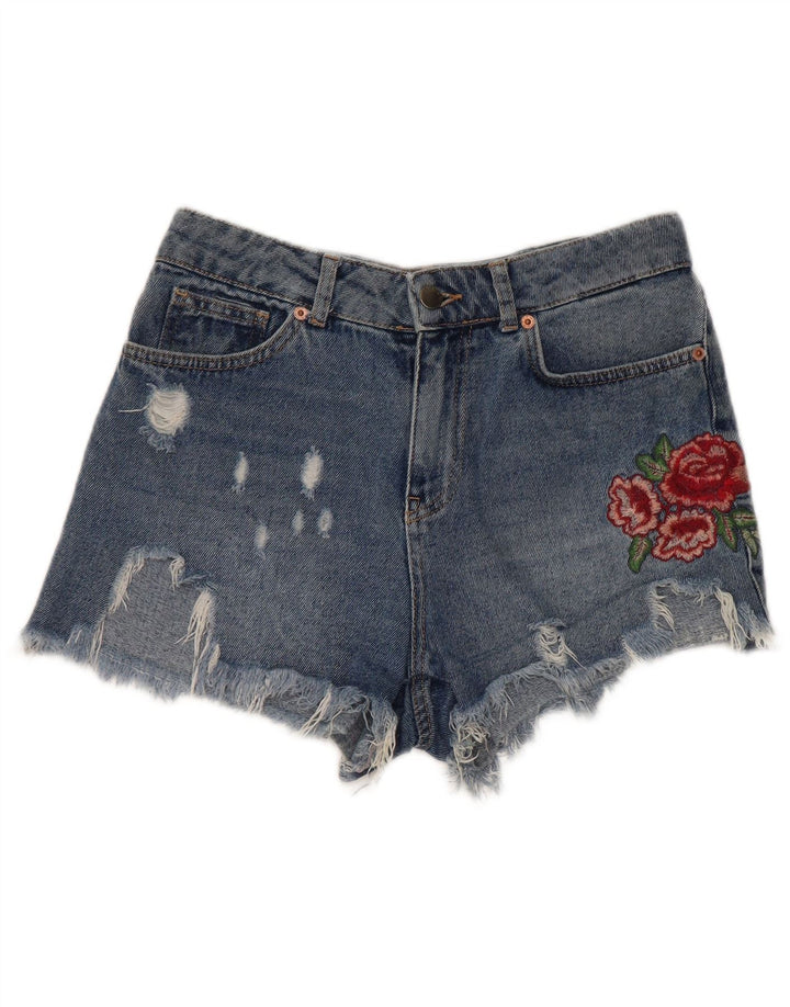 Shorts jeans feminino Benetton com estampa gráfica envelhecida W28 azul médio floral