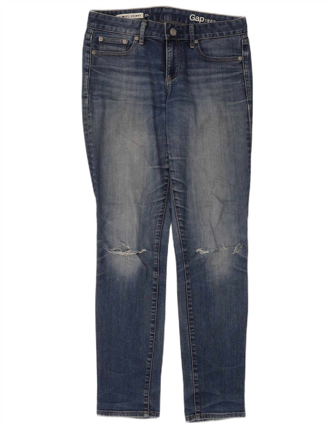Jeans skinny regulares femininos Gap desgastados W27 L32 algodão azul