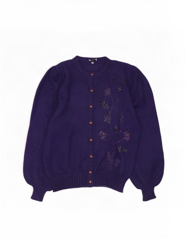 Suéter cardigã feminino vintage IT 48 XL azul marinho floral mohair