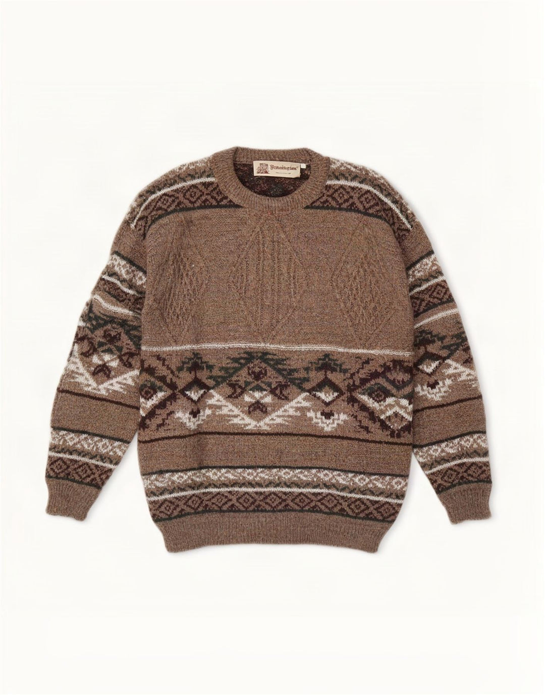 Suéter masculino Kennington com gola redonda, grande, marrom, lã Fair Isle