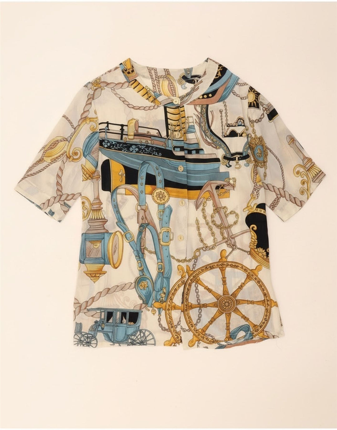 Blusa feminina vintage de manga curta com padrão abstrato Reino Unido 14 grande branca
