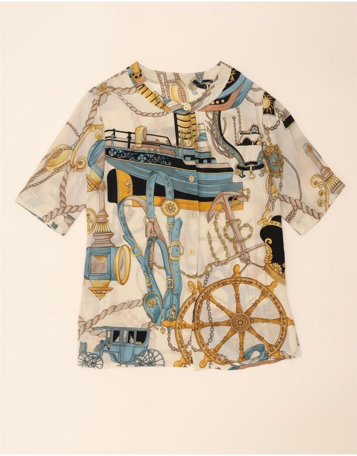 Blusa feminina vintage de manga curta com padrão abstrato Reino Unido 14 grande branca