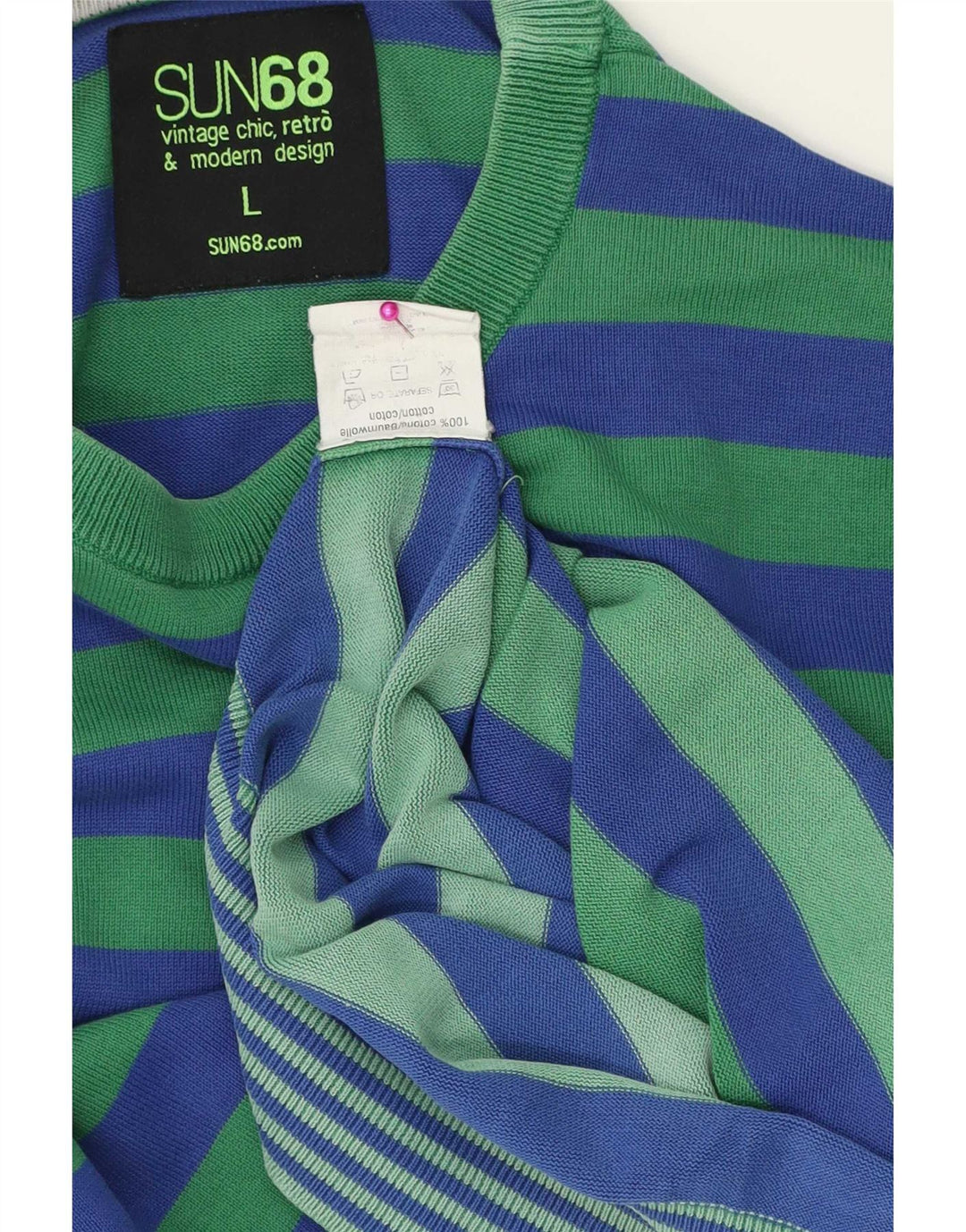 Suéter masculino Sun68 com gola redonda, grande algodão listrado azul