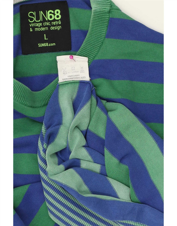 Suéter masculino Sun68 com gola redonda, grande algodão listrado azul