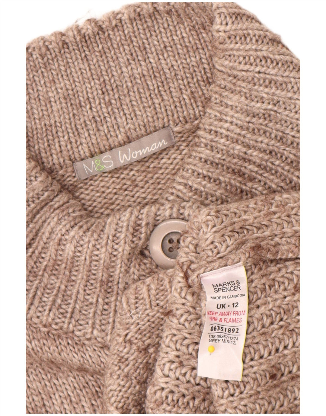 Suéter cardigã feminino Marks & Spencer Reino Unido 12 acrílico manchado cinza médio