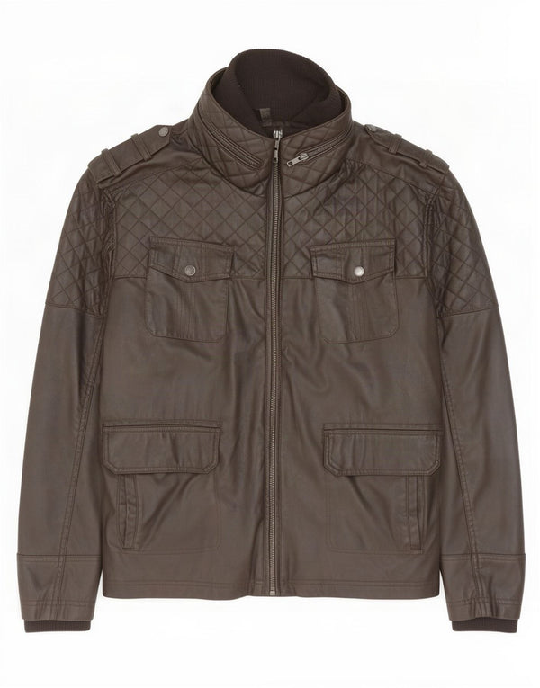Jaqueta militar masculina de couro sintético Jeff Banks UK 44 2XL poliuretano marrom