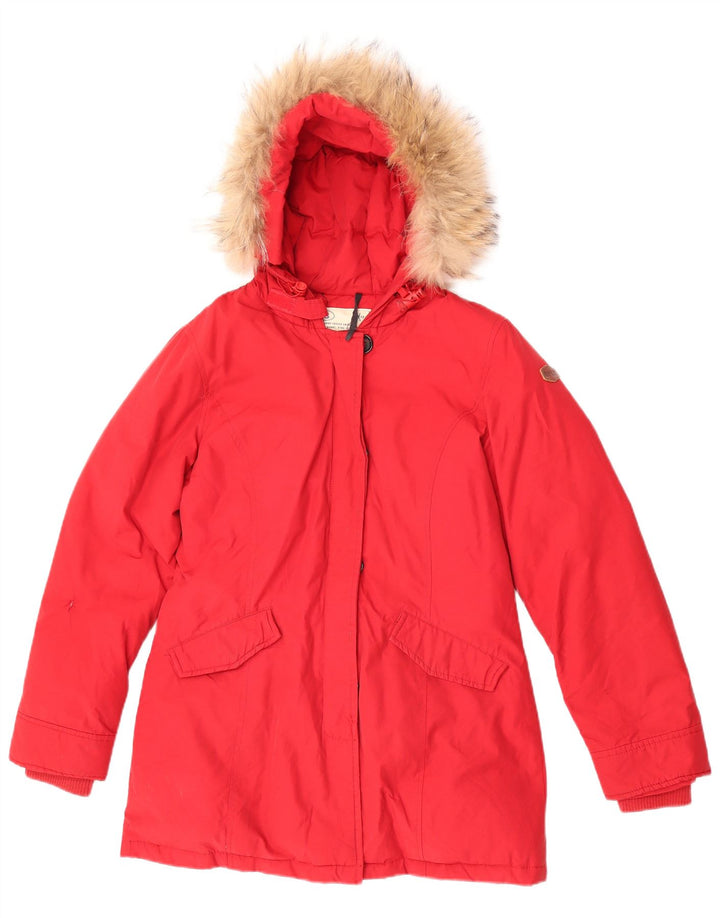 Jaqueta acolchoada com capuz feminino Rifle UK 14 algodão vermelho médio