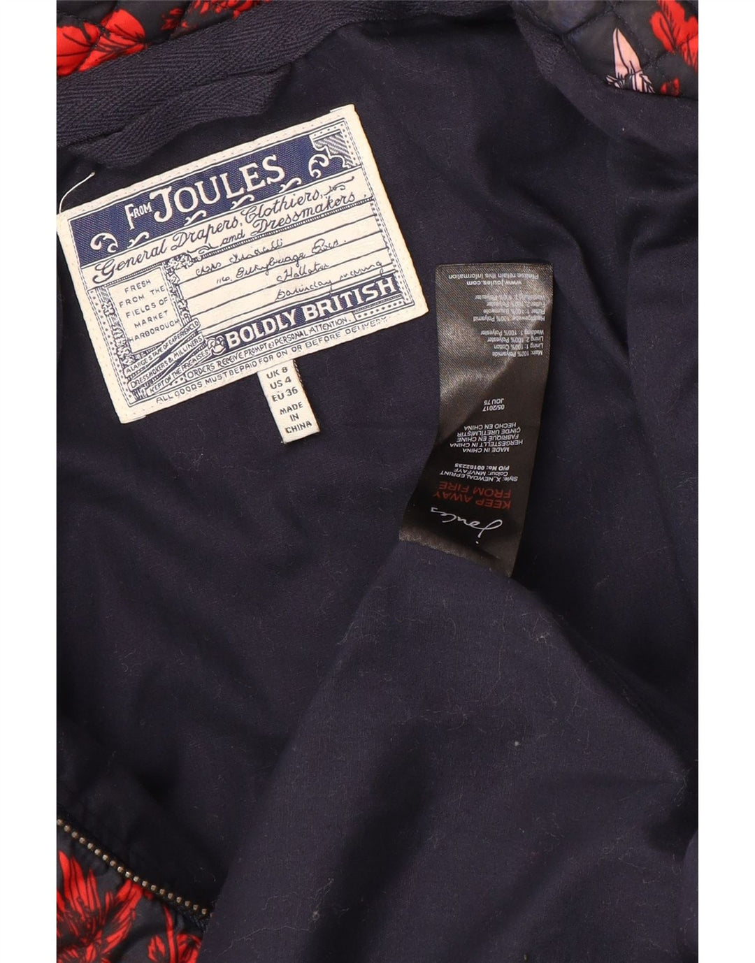 Jaqueta acolchoada feminina Joules UK 8 pequena poliamida floral azul marinho
