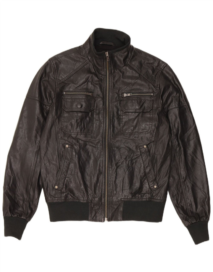 Jaqueta bomber masculina de couro Jack & Jones Reino Unido 36 couro preto pequeno