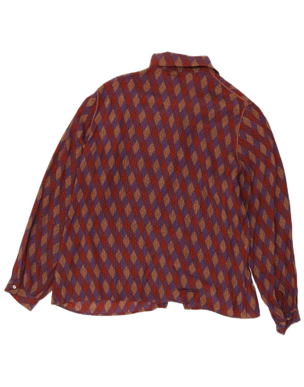 Blusa feminina vintage com gravata frontal Reino Unido 16 seda geométrica vermelha grande