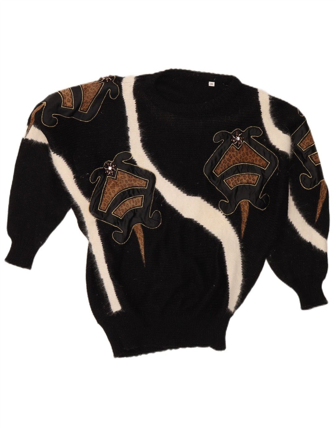 Suéter feminino VINTAGE com gola redonda EU 38 bloco de cor preto médio