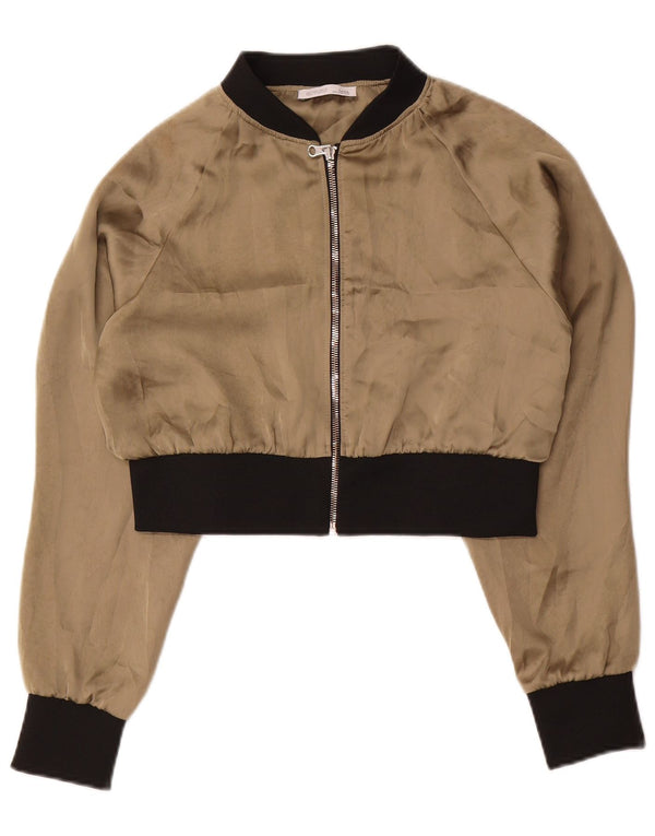 ZARA Womens Crop Bomber Jacket UK 10 Pequeno Bege Colourblock Poliéster