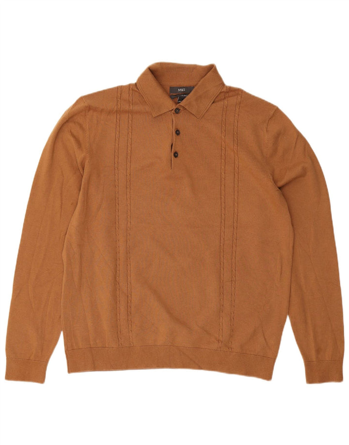 Suéter masculino Marks & Spencer com gola polo, grande algodão marrom