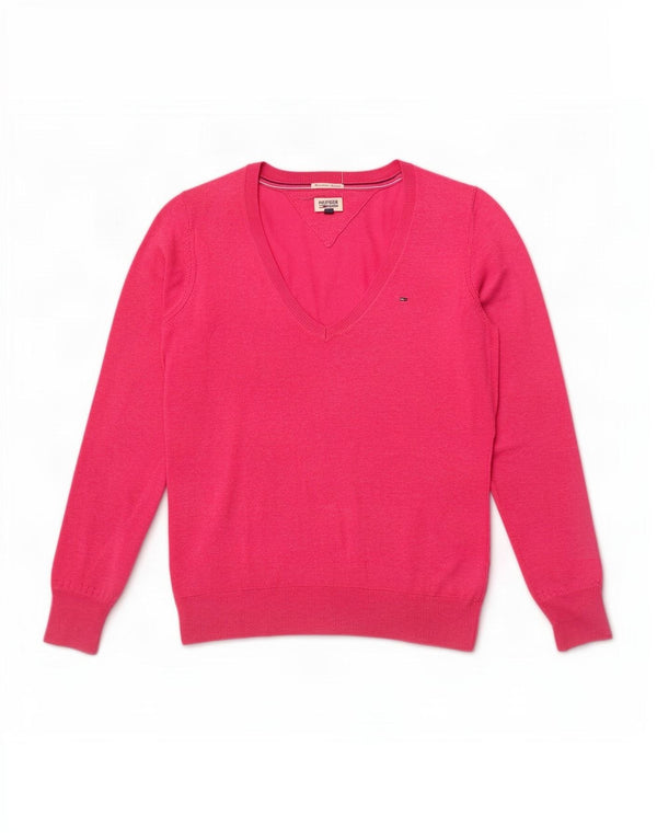 Suéter feminino Tommy Hilfiger com decote em V Reino Unido 14 algodão rosa médio