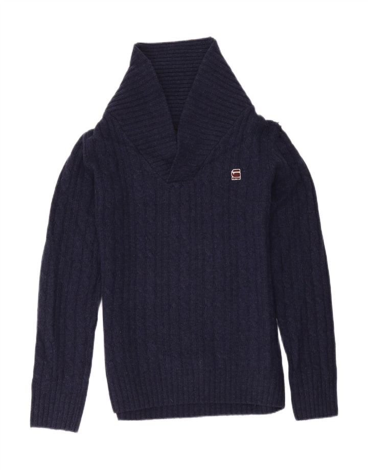 Suéter masculino G-Star com gola xale de lã azul marinho médio