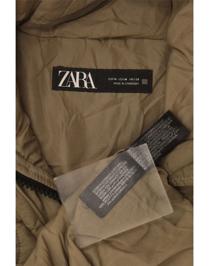 Jaqueta feminina acolchoada com capuz e capuz Zara UK 14 poliéster cáqui médio