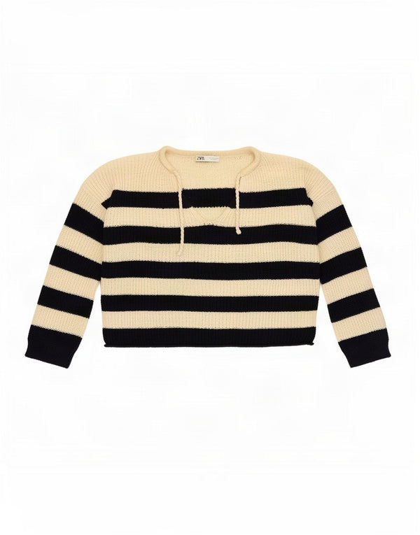 Suéter feminino Zara com decote em V grande e listrado branco médio UK 14