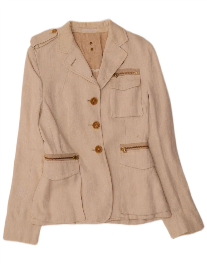 Jaqueta blazer feminina militar de 3 botões Calvaresi Reino Unido 12 médio bege