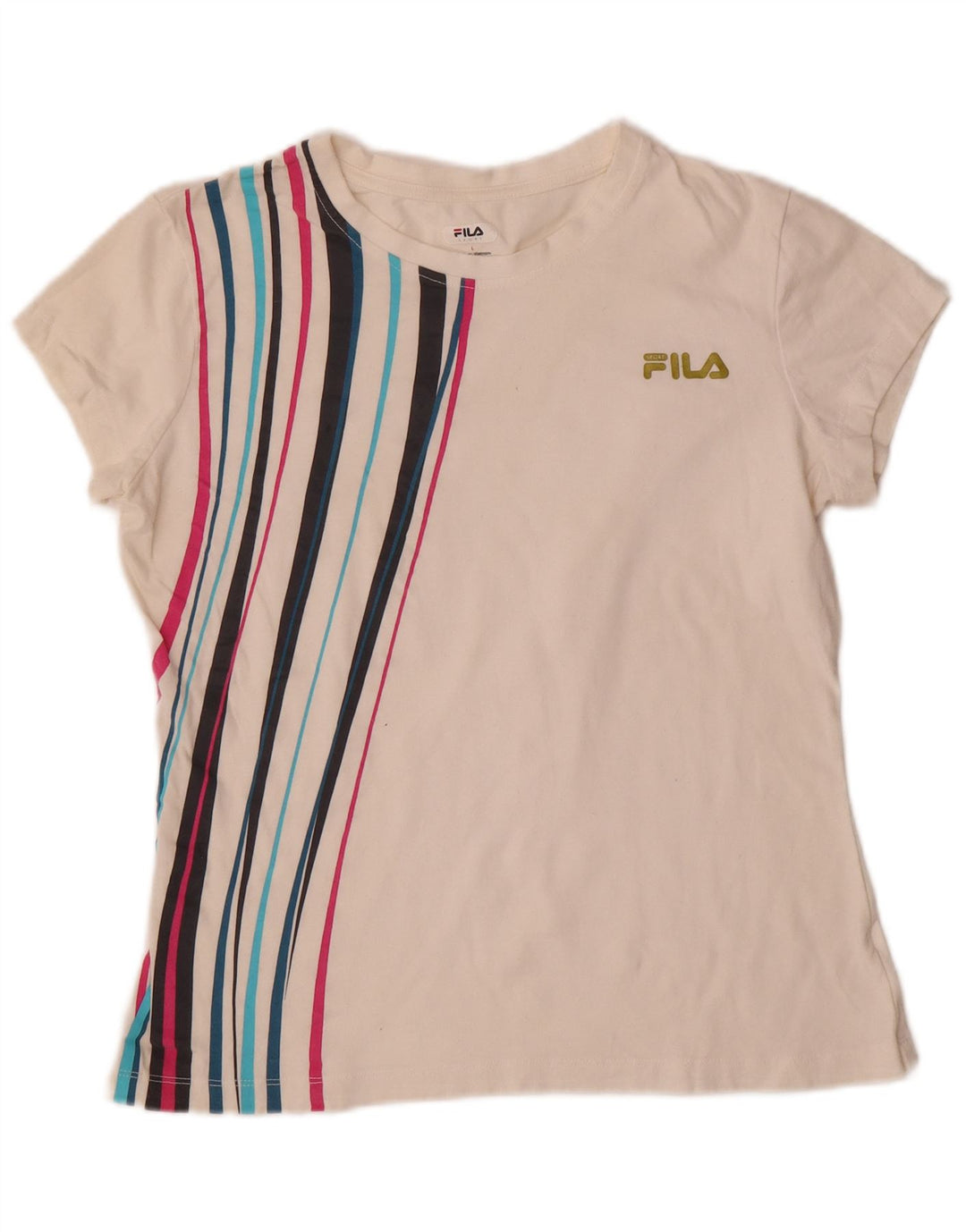 Camiseta feminina Fila UK 14 grande algodão listrado branco