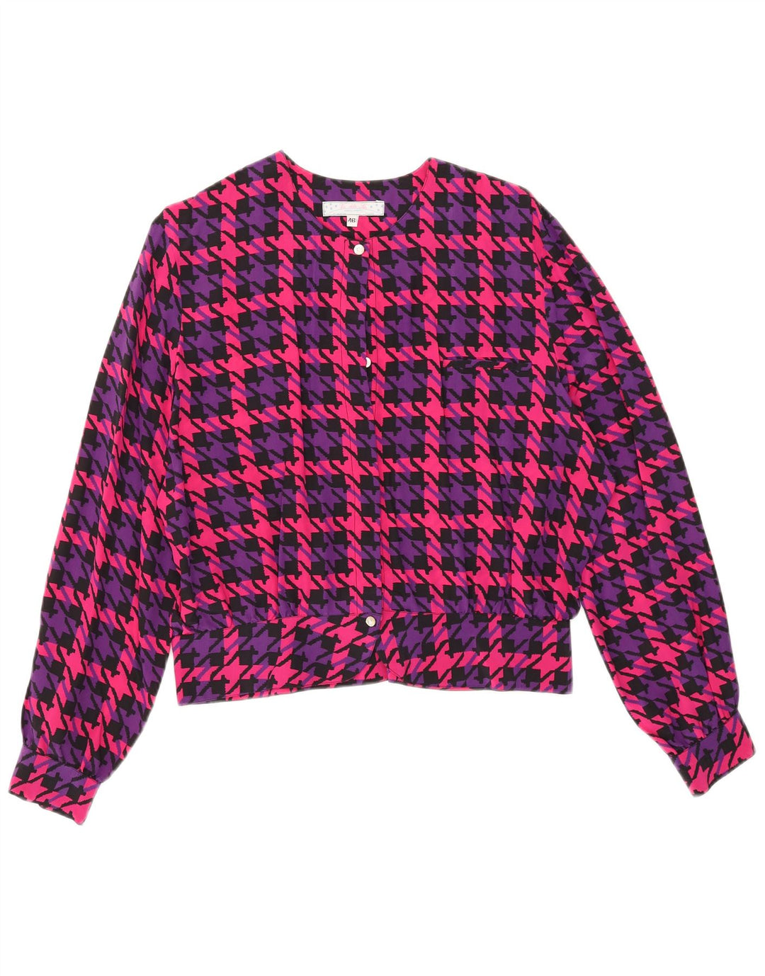 Blusa feminina vintage de grandes dimensões IT 46 grande seda houndstooth rosa