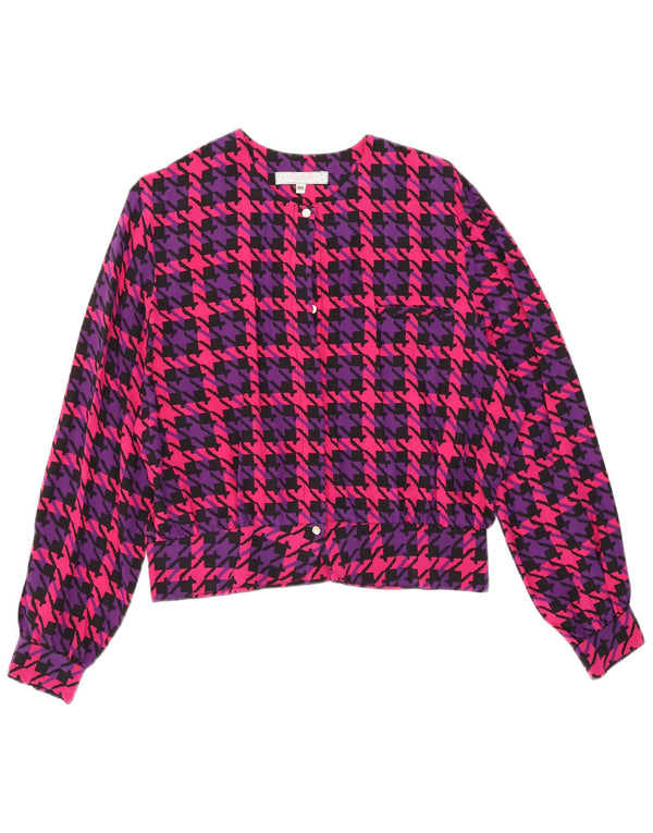 Blusa feminina vintage de grandes dimensões IT 46 grande seda houndstooth rosa