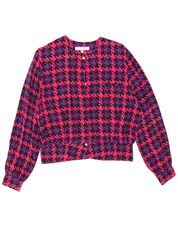 Blusa feminina vintage de grandes dimensões IT 46 grande seda houndstooth rosa