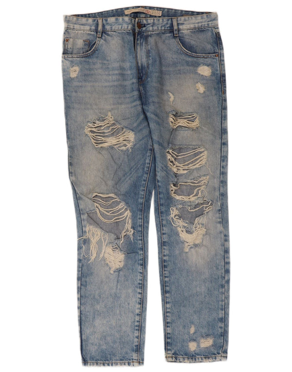 Zara Calça jeans reta feminina Trafaluc desgastada UE 36 XS W26 L26 algodão azul