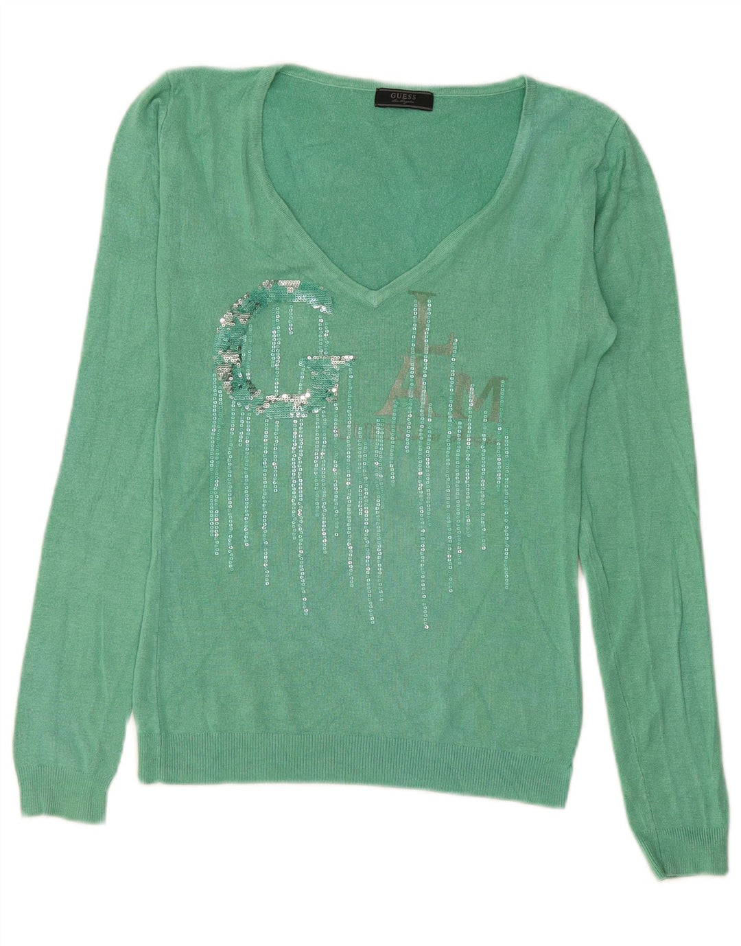 Guess Suéter feminino gráfico com decote em V Reino Unido 12 verde médio