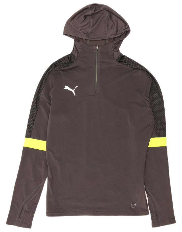 Pulôver masculino PUMA com capuz e gola com zíper Top de treino cinza médio bloco colorido