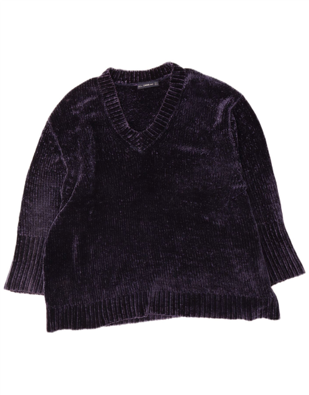 Suéter feminino Zara com decote em V grande, Reino Unido 10, pequeno, azul marinho, poliéster