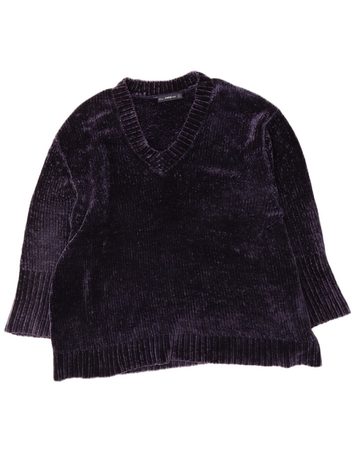 Suéter feminino Zara com decote em V grande, Reino Unido 10, pequeno, azul marinho, poliéster