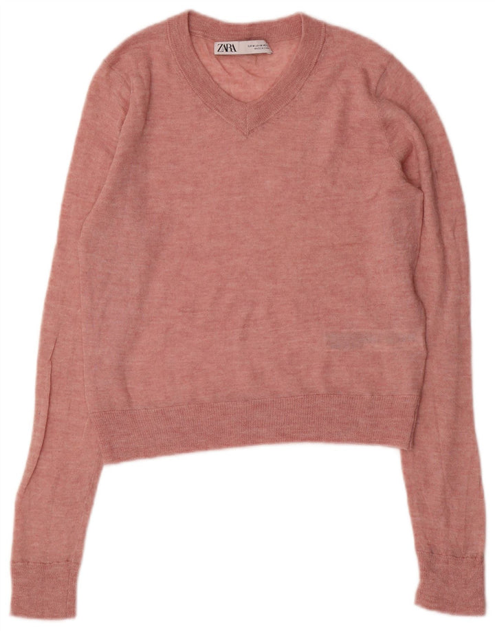 Suéter feminino ZARA com decote em V, Reino Unido 12, médio, rosa, nylon