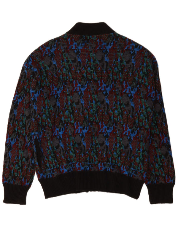 Suéter cardigã vintage masculino com padrão abstrato de lã multicolorida média