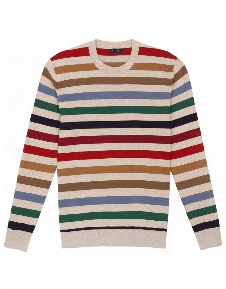 Suéter masculino Gap com gola redonda, pequeno algodão listrado multicolorido