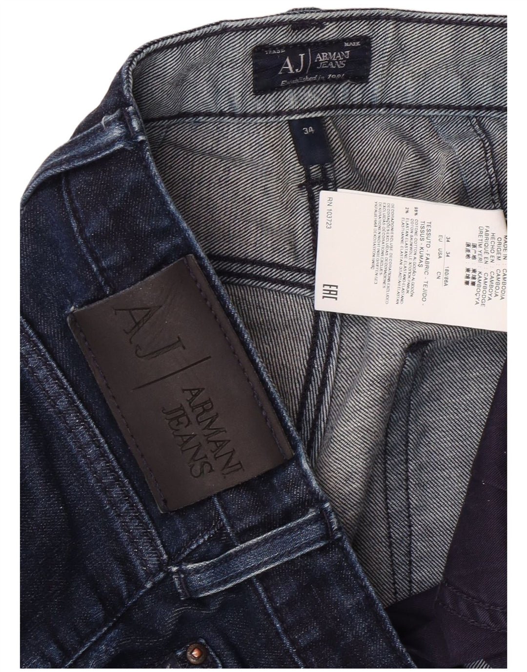 ARMANI Calça jeans reta masculina W34 L29 algodão azul marinho