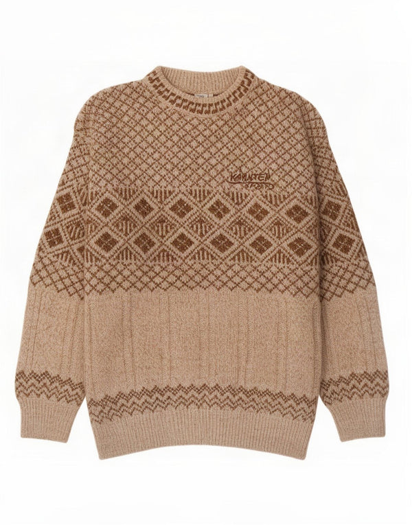 Suéter vintage masculino com gola redonda, grande bege, Fair Isle, acrílico