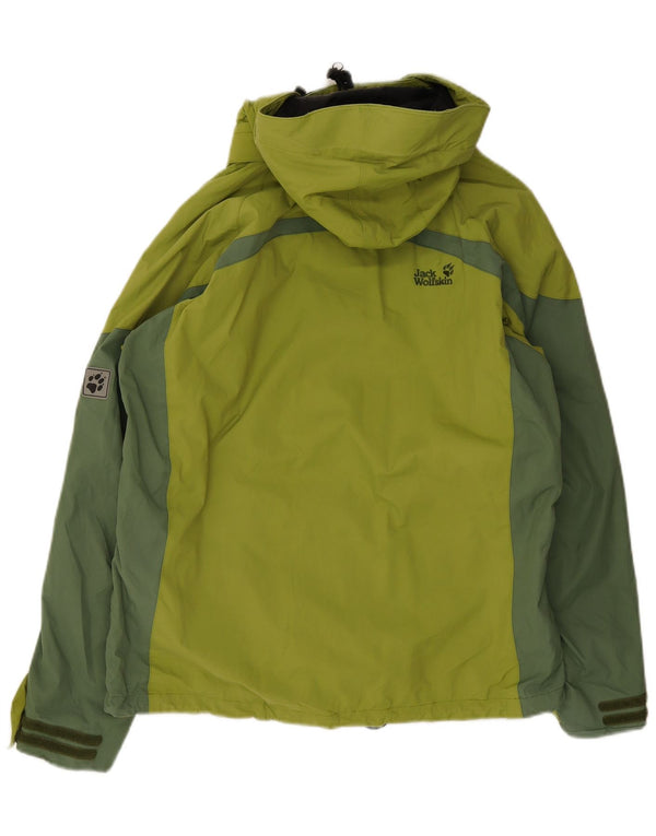 Jaqueta de chuva feminina com capuz Jack Wolfskin Reino Unido 14/16 grande bloco colorido verde