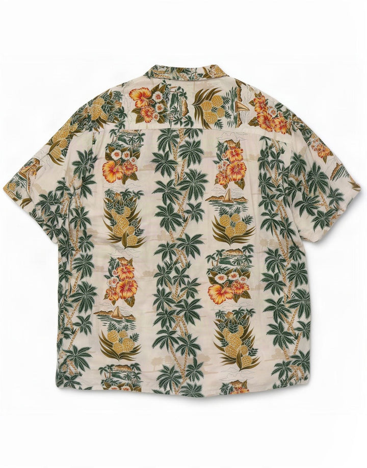 Camisa masculina vintage de manga curta grande floral branco