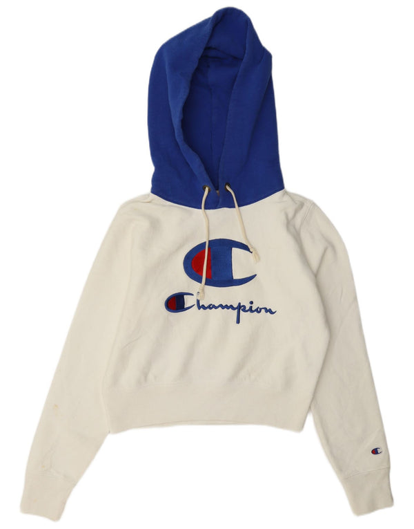 Jumper com capuz feminino Champion Crop Graphic UK 14 bloco de cor branco médio