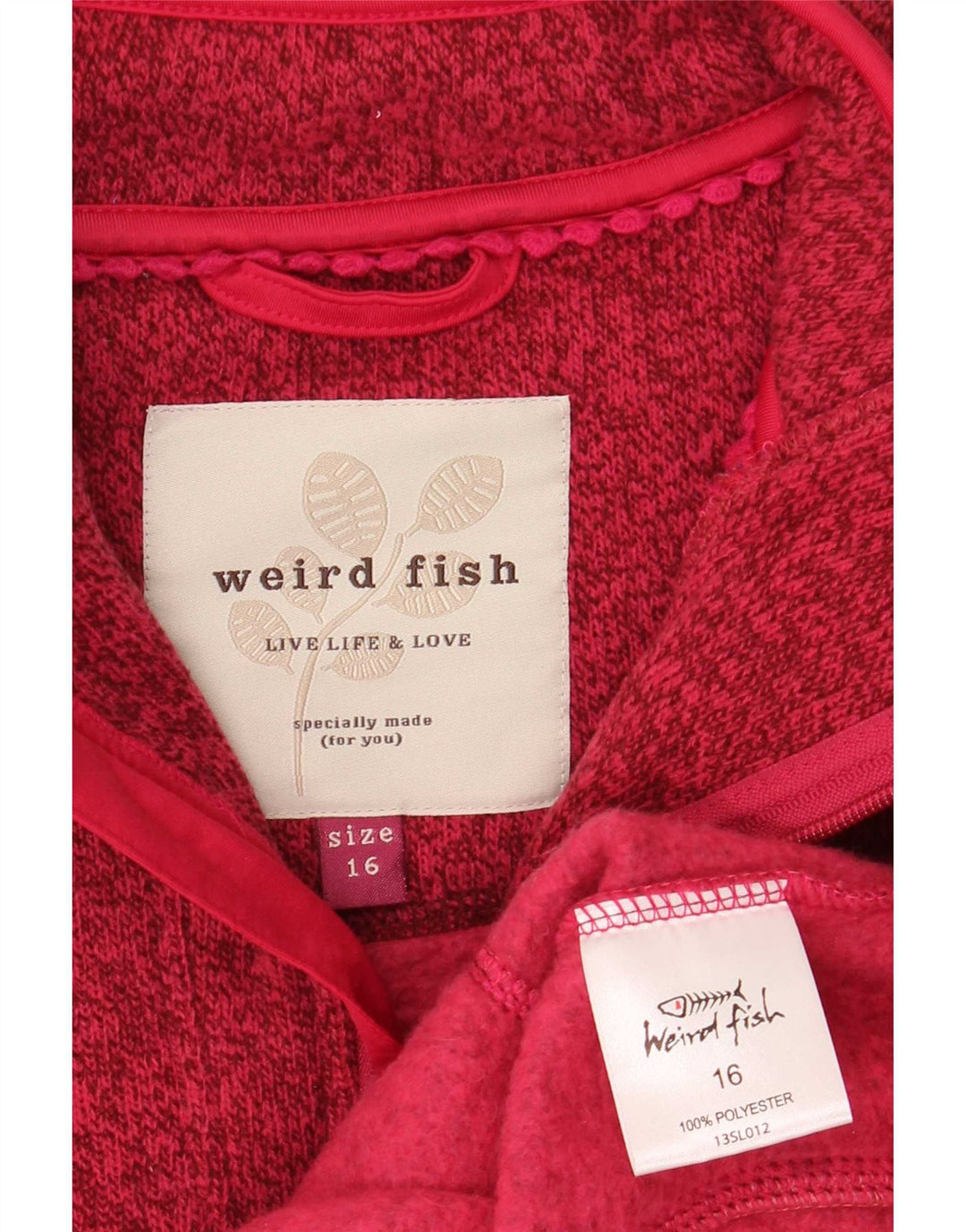 Moletom feminino Weird Fish com zíper e gola alta Reino Unido 16 grande vermelho manchado