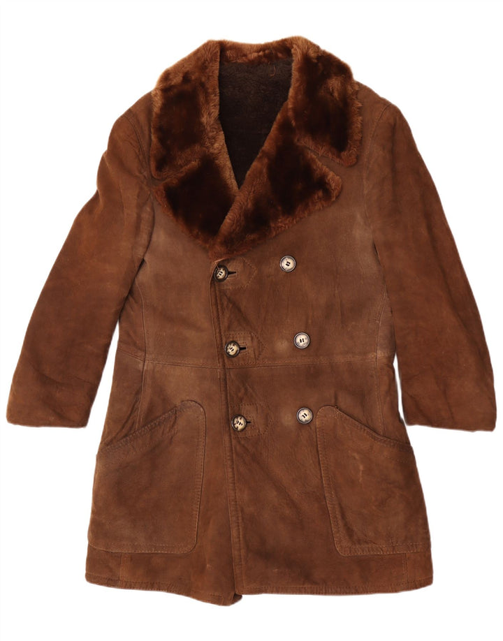 Casaco feminino vintage de shearling com peito duplo Reino Unido 12 marrom médio