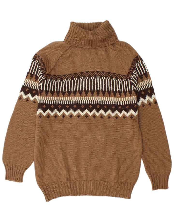 Suéter vintage masculino com gola redonda, marrom médio, lã Fair Isle